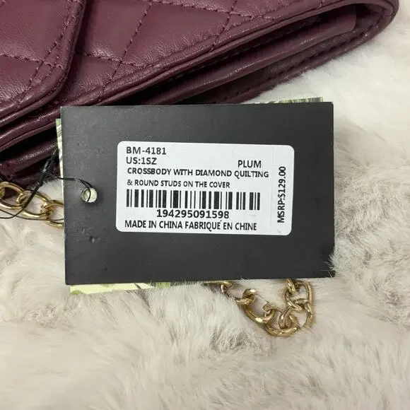 Badgley Mischka Plum Diamond Quilt Convertible Crossbody Bag Vegan NEW NWT - Picture 12 of 14